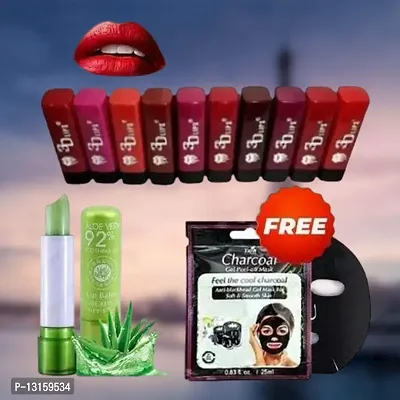 3D-Lips Matte Lipstick Pack Of 10 , Mini Charcoal Mask Pack Of 1 , Aloe Vera Lip Balm Pack Of 1-thumb0