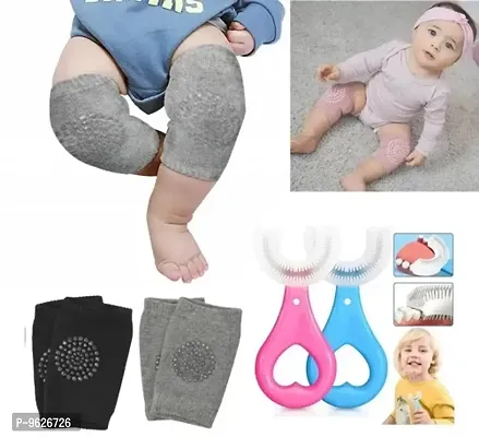 Multicolor Baby Knee Pads (Knee Socks) (Random Color , Pack Of 2) + U- Shape Tooth Brush For Kids (Random Color , Pack Of 2)