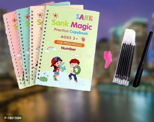 Sank Magic Practice Copybook, (4 BOOK + 10 REFILL+ 1 pen + 1 grip) Number Tracing Book for Preschoolers with Pen, Magic Calligraphy Copybook Set Practical Reusable Writing Tool Simple Hand Lettering