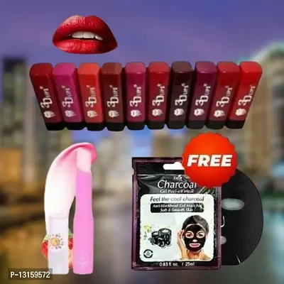 3D-Lips Matte Lipstick Pack Of 10 , Mini Charcoal Mask Pack Of 1 , Pink Magic Lip Balm Pack Of 1-thumb0