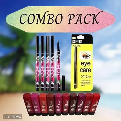 3D-Lips Matte Lipstick Pack Of 10 , Ads Yellow Kajal Pack Of 1 , 36H Black Eyeliner Pack Of 5