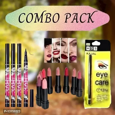 3D-Lips Matte Lipstick Pack Of 10 , Ads Yellow Kajal Pack Of 1 , 36H Black Eyeliner Pack Of 4