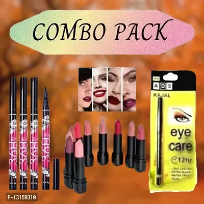 3D-Lips Matte Lipstick Pack Of 10 , Ads Yellow Kajal Pack Of 1 , 36H Black Eyeliner Pack Of 4-thumb0