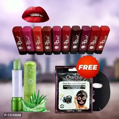 3D-Lips Matte Lipstick Pack Of 10 , Mini Charcoal Mask Pack Of 1 , Aloe Vera Lip Balm Pack Of 1-thumb0