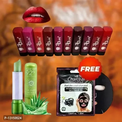 3D-Lips Matte Lipstick Pack Of 10 , Mini Charcoal Mask Pack Of 1 , Aloe Vera Lip Balm Pack Of 1-thumb0