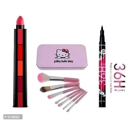 perfect matte 5 in 1 lipstick pack of 1 + hello kitty brush set pack of 1+36h shills eyeliner pack of 1