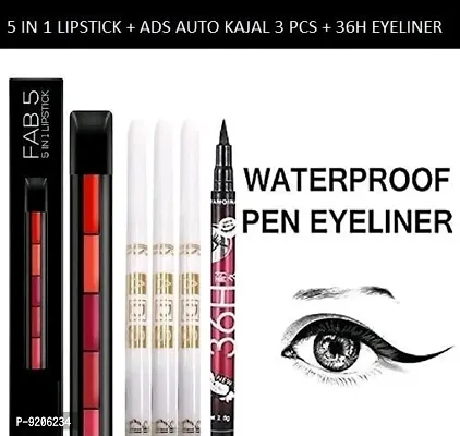 5 IN 1 LIPSTICK + ADS AUTO white KAJAL 3 PCS WITH 36H LONGLASTING WATERPROOF EYELINER-thumb0