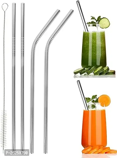 Stainless Steel Straws with Cleaning Brush for Kids  Adults, Bent Reusable Metal Straws, Paper Packaging Cutlery (Pack of 2 Straight  2 Bent Reusable Metal Straws, Silver)-thumb0