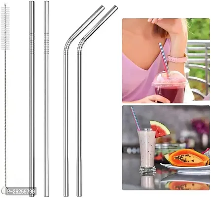 Stainless Steel Straws with Cleaning Brush for Kids  Adults, Bent Reusable Metal Straws, Paper Packaging Cutlery (Pack of 2 Straight  2 Bent Reusable Metal Straws, Silver)-thumb4