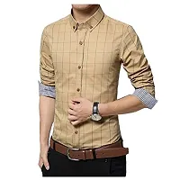 Mens Beige Cotton Long Sleeves Checked Slim Fit Casual Shirt-thumb1