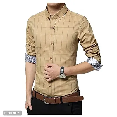 Mens Beige Cotton Long Sleeves Checked Slim Fit Casual Shirt-thumb2