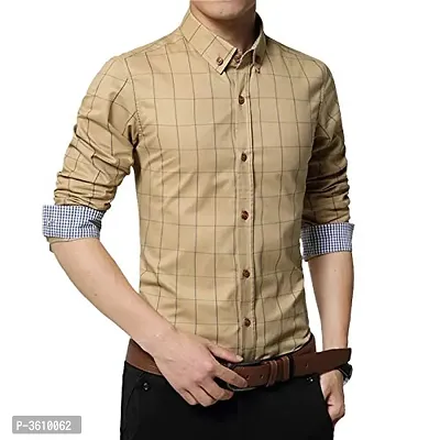 Mens Beige Cotton Long Sleeves Checked Slim Fit Casual Shirt-thumb3