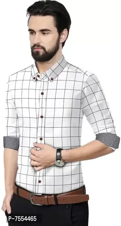 White Cotton Checked Casual Shirts For Men-thumb3