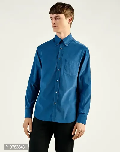Men's Blue Cotton Solid Regular Fit Casual shirts-thumb3