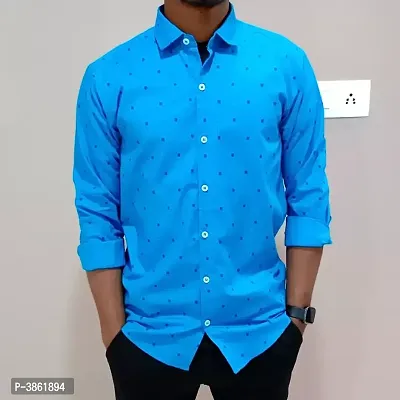 Men's Blue Cotton Printed Long Sleeves Regular Fit Casual Shirt-thumb3