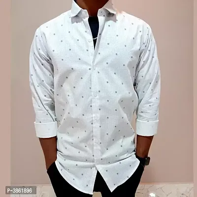 Men's White Cotton Printed Long Sleeves Regular Fit Casual Shirt-thumb2