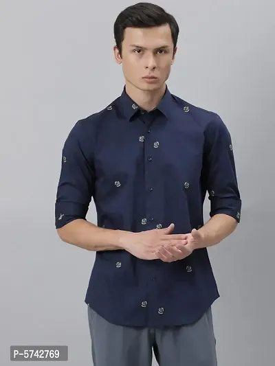 Navy Blue Cotton Printed Casual Shirts For Men-thumb2