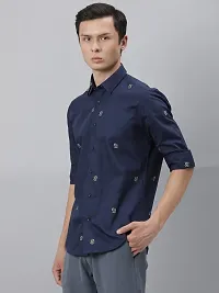 Navy Blue Cotton Printed Casual Shirts For Men-thumb3