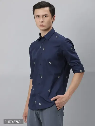 Navy Blue Cotton Printed Casual Shirts For Men-thumb4