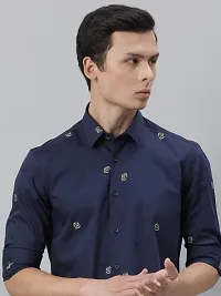 Navy Blue Cotton Printed Casual Shirts For Men-thumb2