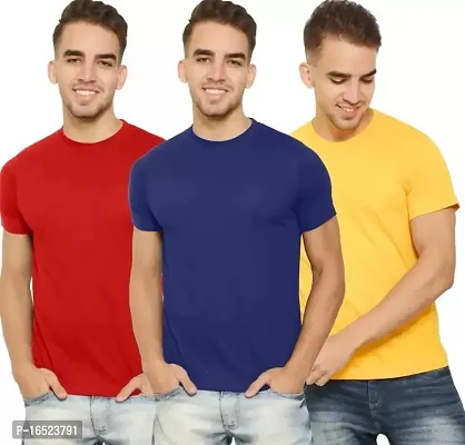 Pack of 3 Men Solid Round Neck Polyester Blue, Red, Yellow T-Shirt-thumb0