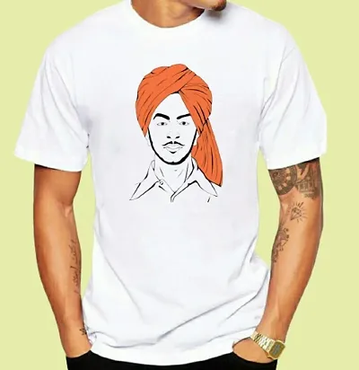 Latest Punjabi Printed Round Neck Half Sleeves White T-shirt For Men
