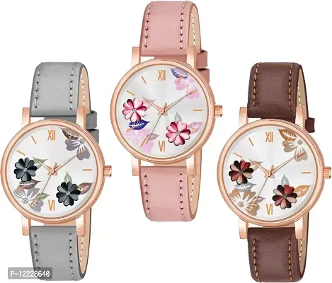 Leather Grey And Pink And Brown Floral Print Stainless Steel Case Analog Watch For Women Combo- Pack Of 3