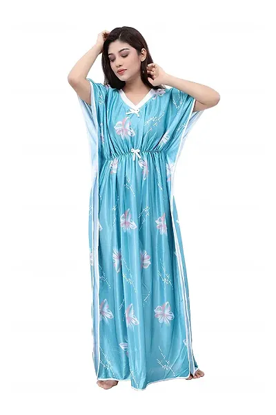 Women Satin Floral Digital Printed Maxi Kaftan Nighty