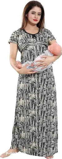 Comfortable Satin Printed Brown Maternity Wear Nighty For Women-thumb0