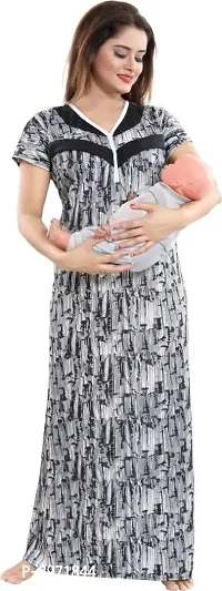 Comfortable Satin Printed Grey Maternity Wear Nighty For Women