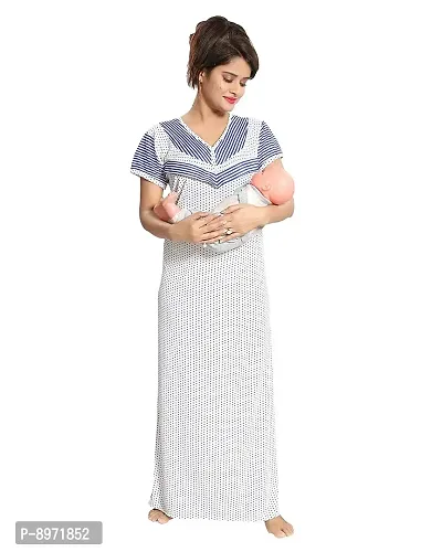 Comfortable Satin Printed Blue Maternity Wear Nighty For Women