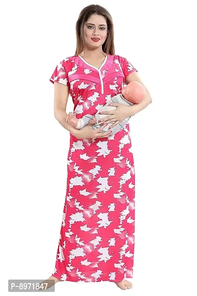 Comfortable Satin Printed Red Maternity Wear Nighty For Women