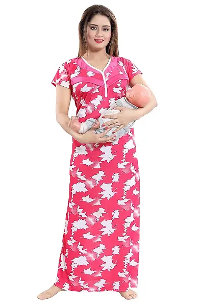 Comfortable Satin Printed Maternity Wear Nighty For Women