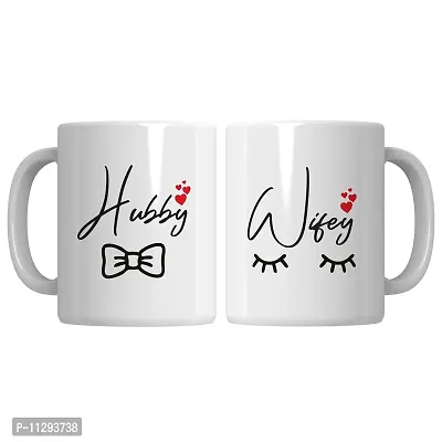 PUREZENTO ""Hubby Wifey Date Couple Ceramic Tea/Coffee Mug for Valentine Day Gift for Girlfriend, Boyfriend,Husband and Wife,Friends,Anniversary,Hubby Wifey,Birthday ,Set of 2