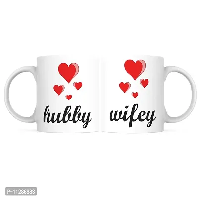 PUREZENTO ""Hubby Wifey Hearts Couple Ceramic Tea/Coffee Mug for Valentine Day Gift for Girlfriend, Boyfriend,Husband and Wife,Friends,Anniversary,Hubby Wifey,Birthday ,Set of 2