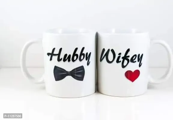 PUREZENTO ""Hubby Wifey Tie Heart Couple Ceramic Tea/Coffee Mug for Valentine Day Gift for Girlfriend, Boyfriend,Husband and Wife,Friends,Anniversary,Hubby Wifey,Birthday ,Set of 2