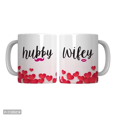 PUREZENTO Hubby Wifey Couple Ceramic Tea/Coffee Mug for Valentine Day Gift for Girlfriend, Boyfriend,Husband and Wife,Friends,Anniversary,Hubby Wifey,Birthday ,Set of 2-thumb0