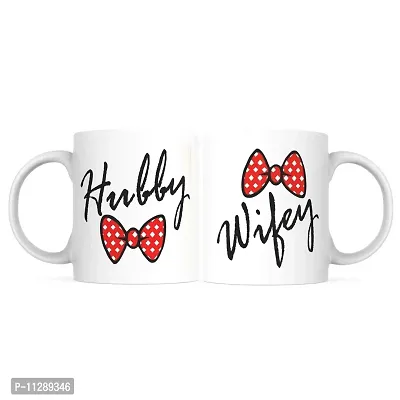 PUREZENTO Husband Wife Bow Design Ceramic Coffee Tea / Milk Mug(Pack of 2)