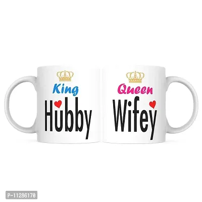 PUREZENTO King Husband Queen Wifey Couple Mug Ceramic Coffee Tea / Milk Mug(Pack of 2)