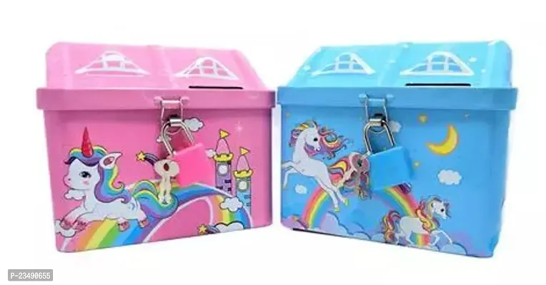 Unicorn Piggy Saving Bank House Shape Metal Coin Bank-pack of 2-thumb0