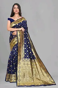 Stylish Navy Blue Silk Blend Saree With Blouse Piece For Women-thumb1