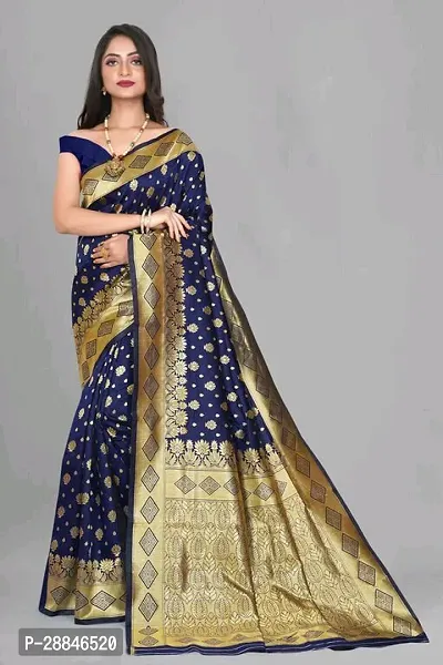 Stylish Navy Blue Silk Blend Saree With Blouse Piece For Women-thumb2