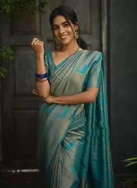 Stylish Teal Silk Blend Saree With Blouse Piece For Women-thumb2