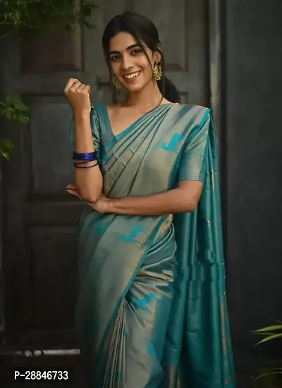 Stylish Teal Silk Blend Saree With Blouse Piece For Women-thumb3