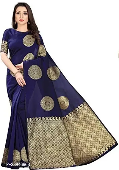 Stylish Navy Blue Silk Blend Saree With Blouse Piece For Women-thumb0