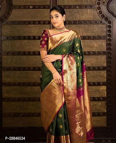 Stylish Green Silk Blend Saree With Blouse Piece For Women-thumb0