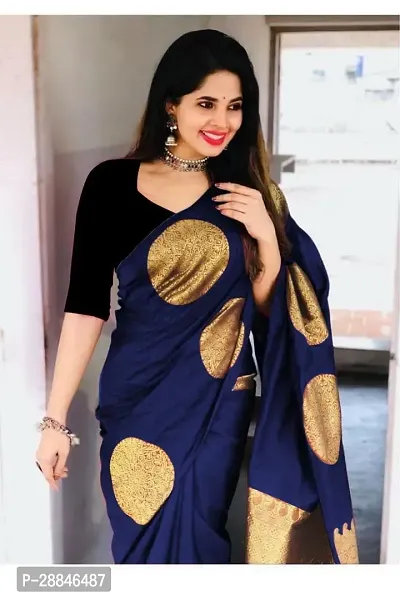 Stylish Navy Blue Silk Blend Saree With Blouse Piece For Women-thumb4