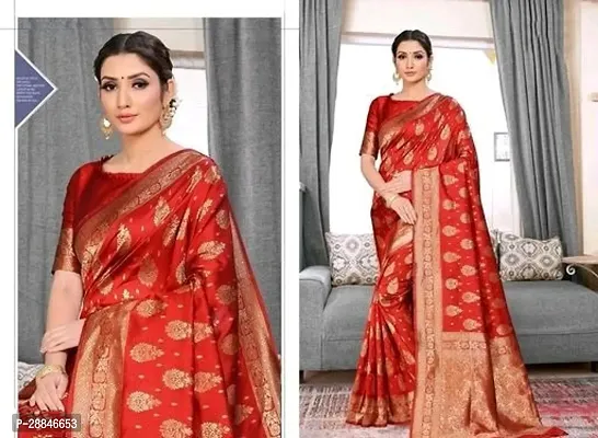 Stylish Red Silk Blend Saree With Blouse Piece For Women-thumb0
