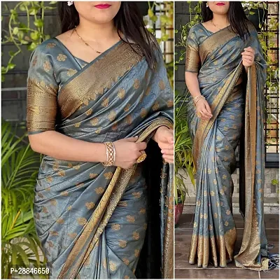 Stylish Grey Silk Blend Saree With Blouse Piece For Women-thumb0