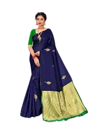 Stylish Navy Blue Silk Blend Saree With Blouse Piece For Women-thumb1